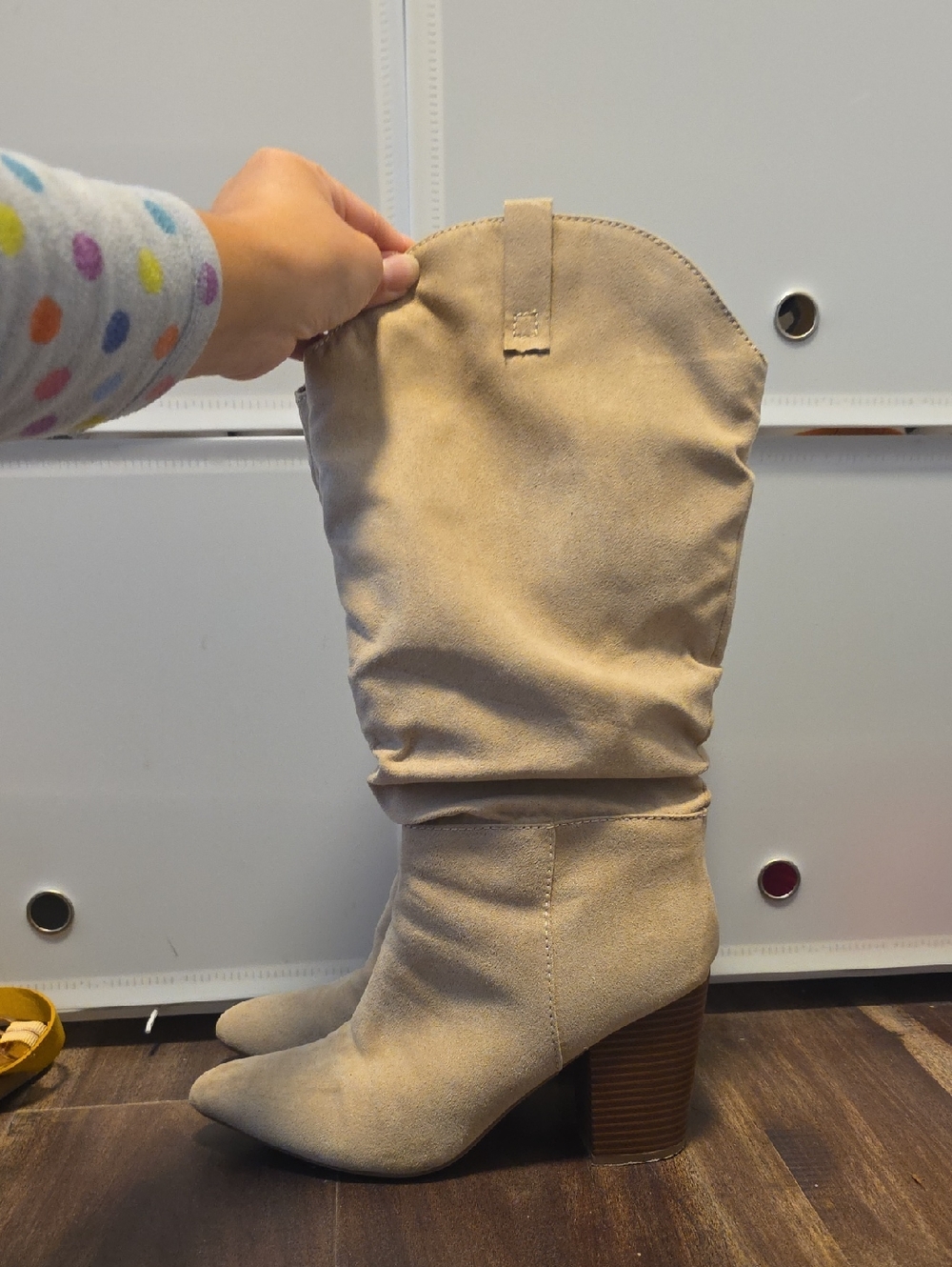 Beige Suede Slouch Mid-Calf Boots